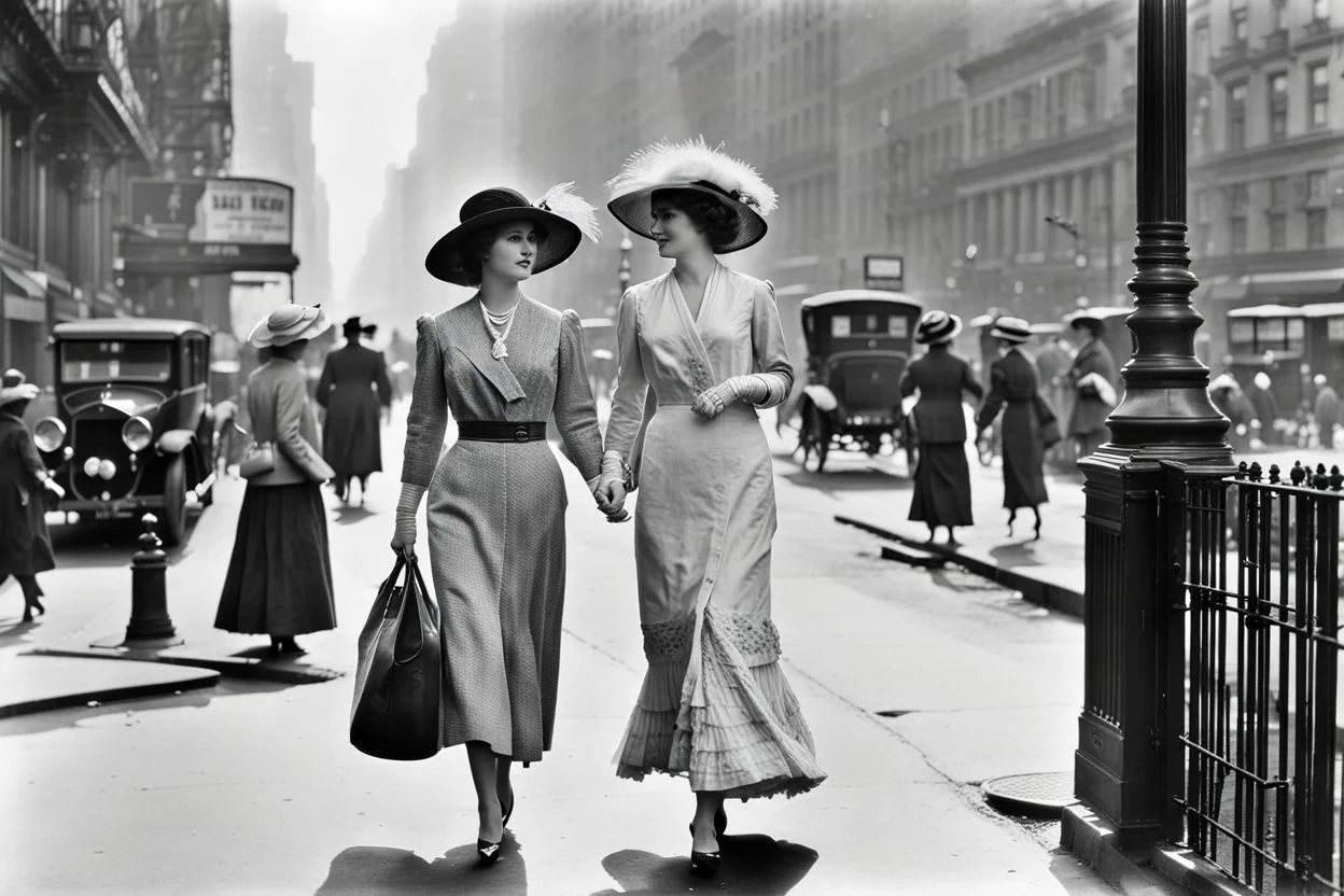 in 1920 two women walking down the street beside each other in nice dresses and hats in New York, Madison Square, high quality, intricate details, realistic