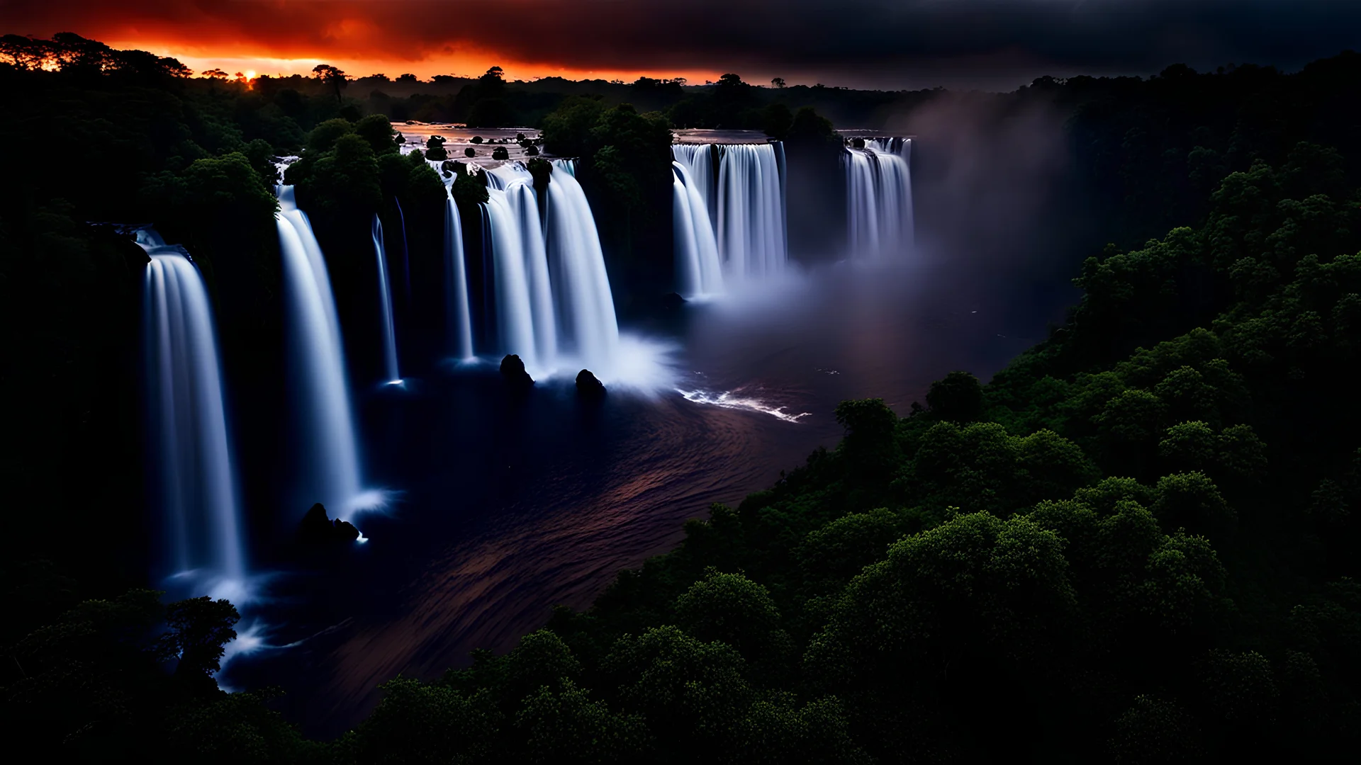 "hyperdetailed realistic lush jungle, Iguazu Falls – Argentina, sunset, billowing black clouds, ash rolling down mountain, volumetric lighting, sinister skies, apocalyptic, wildlife photography, hyperrealism, 8k resolution, dynamic lighting"