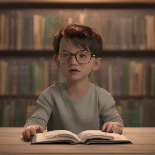 Kid in library on the table unreal 5, octane render,cinema4d, dynamic lighting, dramatic lighting, 4k, redshift render, highly detailed, hyper realistic, library