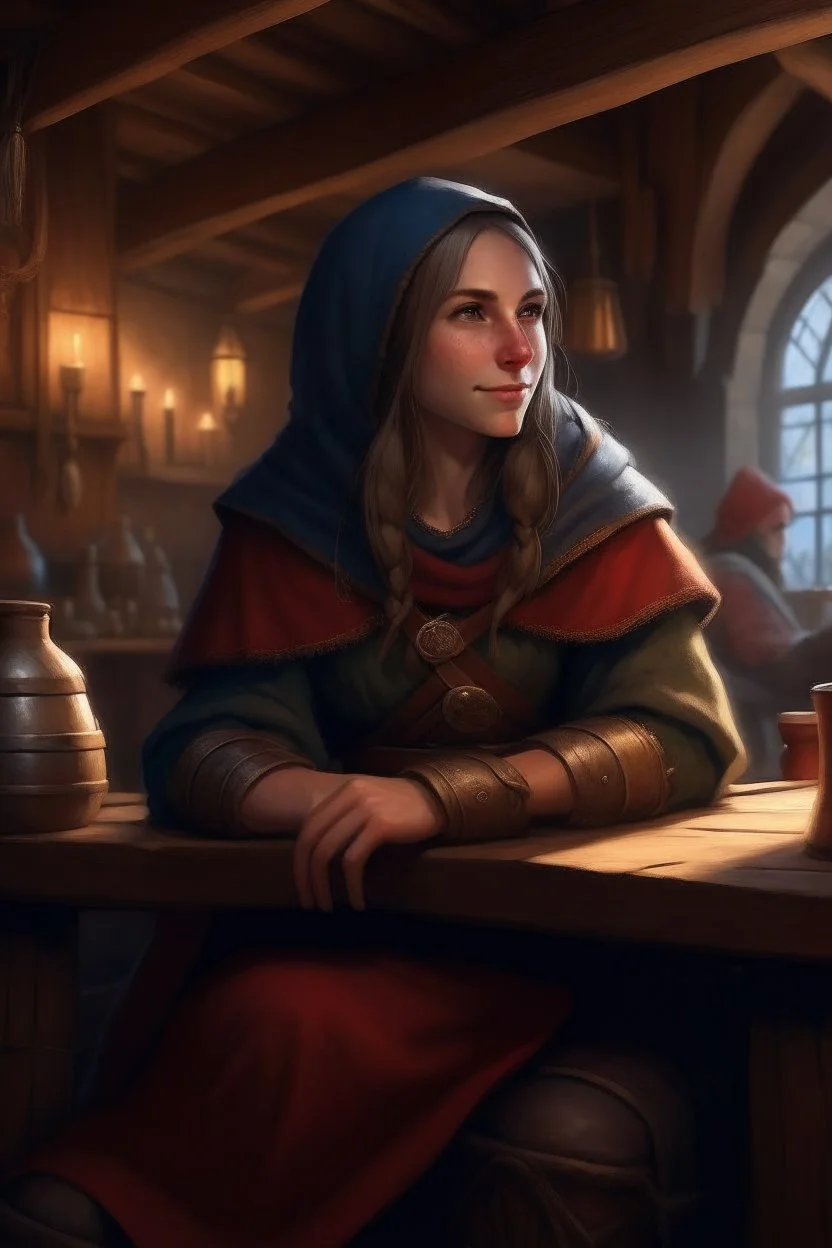 DnD style, medieval beautiful woman dressed in warm winter clothes sitting in a tavern