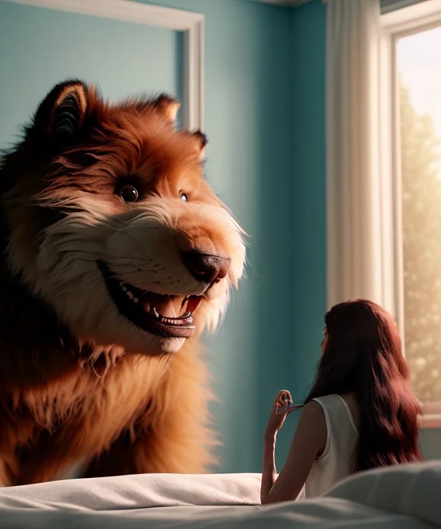 Realistic bedroom scene. big furry monster sitting next to human girl from behind. Wes Anderson style. Red hair, smile, happy, gradient color fog. highly detailed, concept art, unreal engine 5, ray tracing, RTX, lumen lighting, ultra detail, volumetric lighting, 3d, finely drawn, high definition, high resolution.