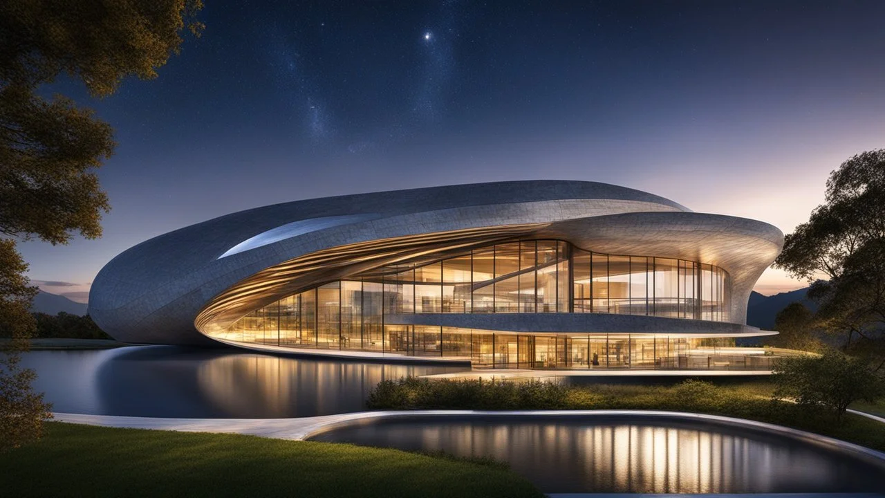 inspiring interwoven concrete ultra-modern slender building based on lightweight parabola shapes, sine curves and helix shapes, featuring large windows, rural location, night, moonlight, fireflies, distant mountains, lake, astonishing architecture, beautiful, wow, extremely detailed, photographic quality, beautiful composition, Ultra Realism, Complex intricate Details, 16k, HDR, High Quality, Sharp Focus, Studio Photo, attractive, innovative