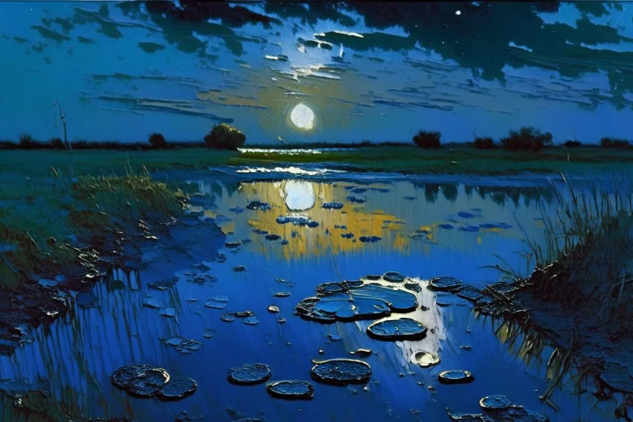 Dark blue sky with one exoplanet in the horizon, rocks, puddle, weeds, sci-fi movies influence, epic, ernest welvaert, and charles leickert impressionism paintings