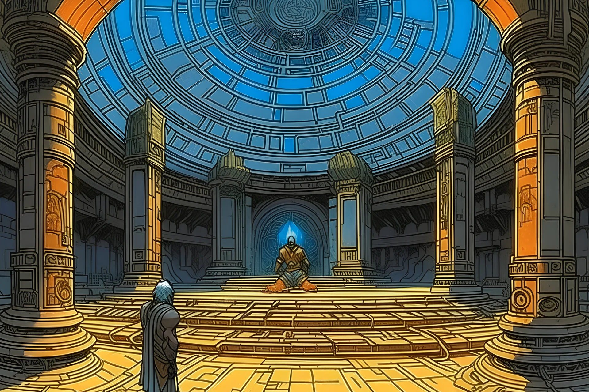 sci-fi stargate inside an Inca temple by Moebius