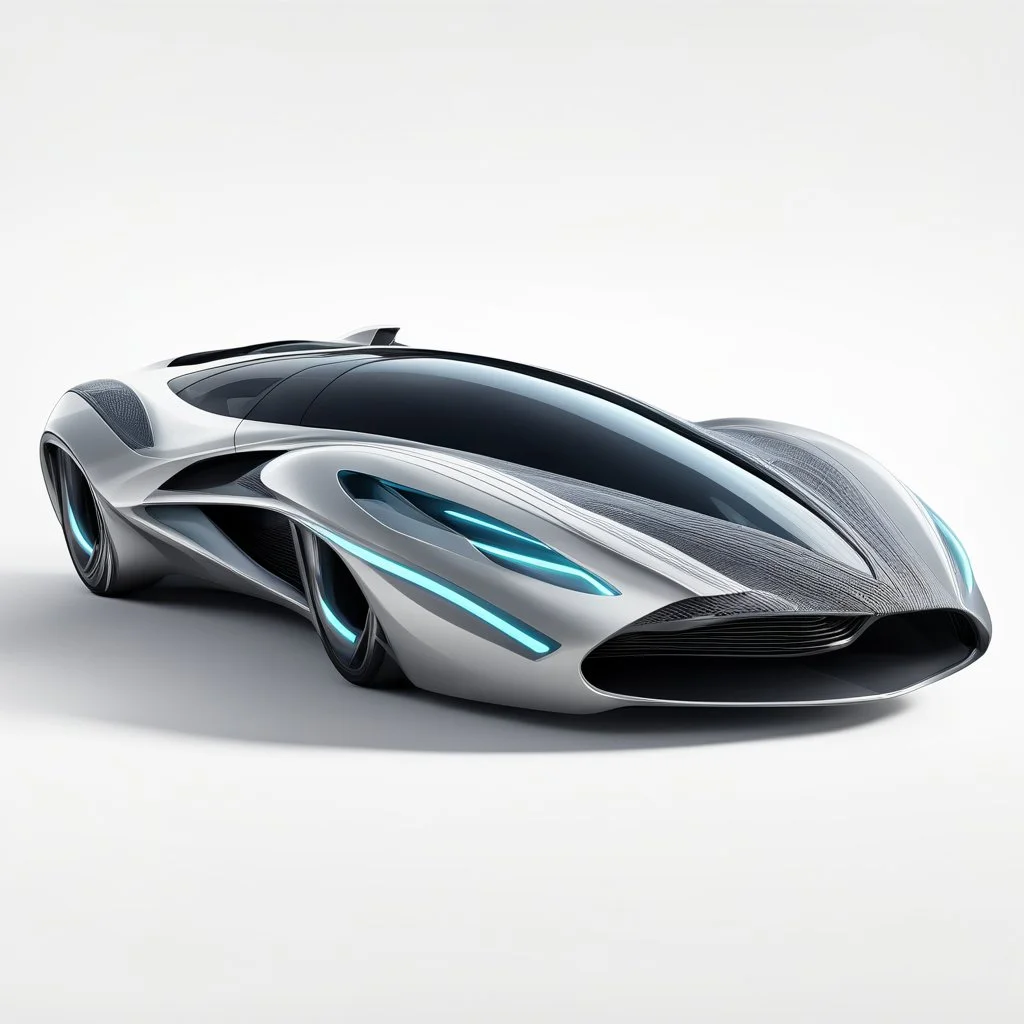 Modern futuristic car in cartoon Zaha Hadid style on white background, png, high resolution, highly detailed texture. By drone