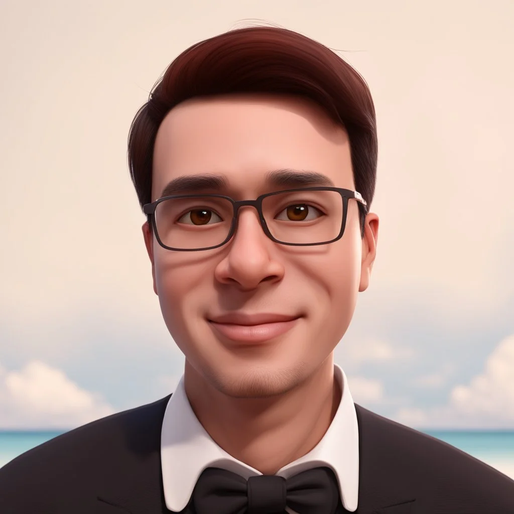 a portrait of smiling a man. netherlands-indonesia blood. round 40years old. carricature. dark black hair. short hair. light brown skin. dark brown eye pupils. wearing small rectangle, thin frame glasses. square face shape. formal dress. pixar style. 3D. 4k. portrait. highly detailed. sharp focus. high resolution. full color. cinema lighting