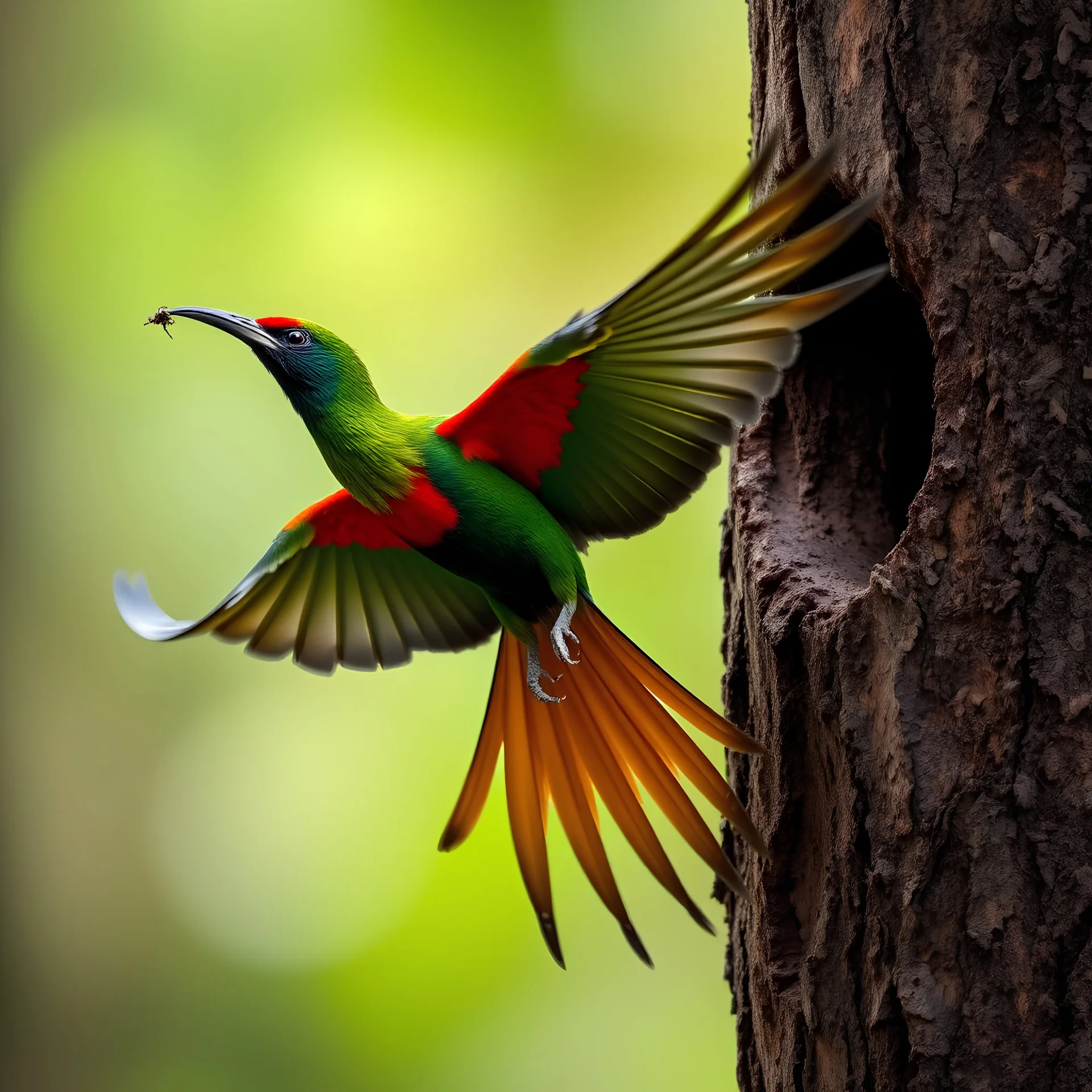 A Resplendent Quetzal is captured mid-flight as it approaches a tree trunk, likely returning to its nest. The bird's vivid green and red plumage shines brightly, with its long, flowing tail feathers trailing behind it. Its wings are spread wide, and its small feet are extended as it prepares to land. The Quetzal is holding a small insect in its beak, emphasizing its role in feeding its young. The background is softly blurred, with shades of green and brown that suggest a forest environment, crea