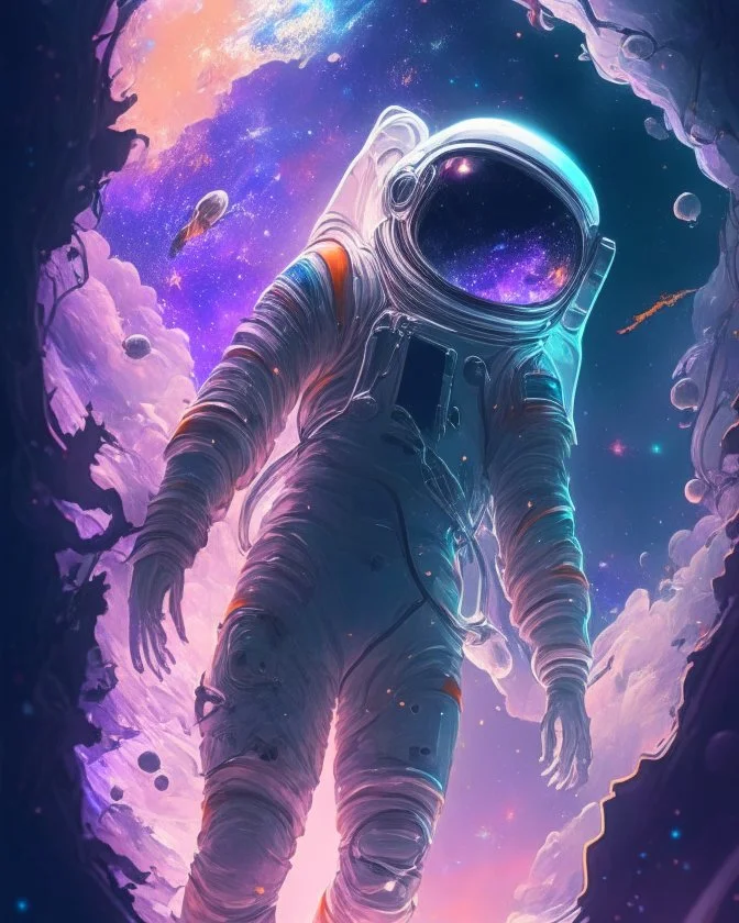 An astronaut lost in the galaxy whose soul is pulled from his body by the god of the galaxy in exchange for seeing his love one last time, digital art, anime, 4k, high resolution. full detail.cartoon