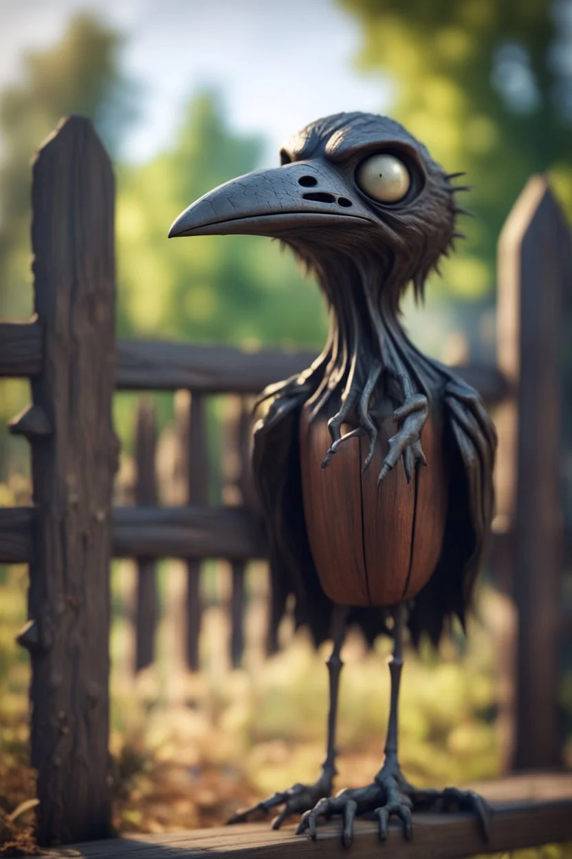 smilende zombie crow av tre foran et kastanjegjerde in the style of giger and fallout 4 ,,bokeh like f/0.8, tilt-shift lens 8k, high detail, smooth render, down-light, unreal engine