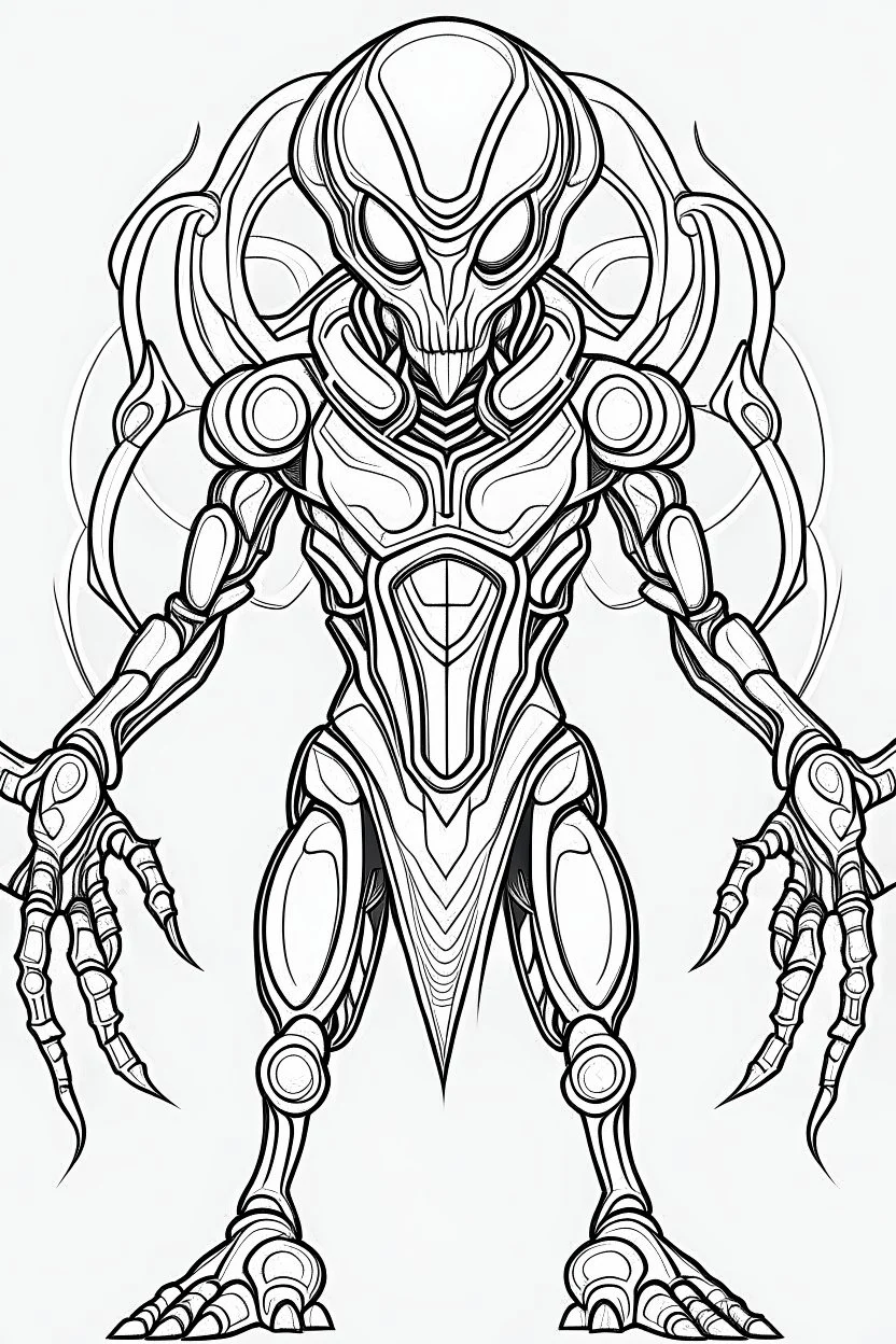 outline art An evolved alien.Of the black species. And metal .From Ben 10 cartoon cinematic lighting, high resolution 3D render art coloring pages with witch, white background, Sketch style, full body, use outline, Mandala style, clean line art, white background, no shadows and clear and well