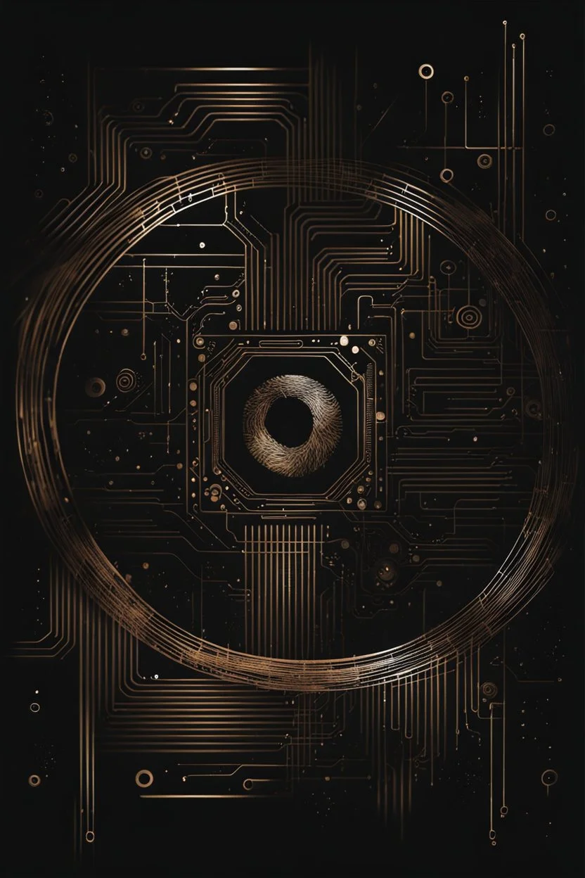 drawing art from fingerprint made of circuits, metallic lines and binaryc numbers . in background the black walls with abstract and geometric shapes symbols, circle, square , a unique dark fantasy style. The atmosphere surrealism and minimalism. splash art, The black drawing artwork with ink