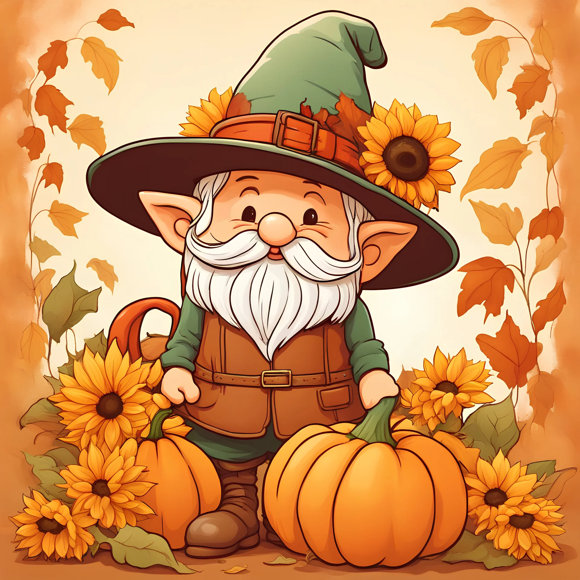 a cartoon gnome with a hat and a pumpkin and sunflowers, 🍁 cute, full color digital illustration, 🍂 cute, the goddess of autumn harvest, autumn season, beautiful autumn spirit, detailed digital illustration, color illustration, harvest fall vibrancy, pumpkin patch, harvest fall vibrance, colored illustration, full color illustration, stylized digital illustration, highly detailed illustration