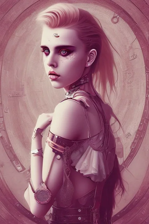 Danish Singer MØ face in style steampunk, pink tones, high lighting