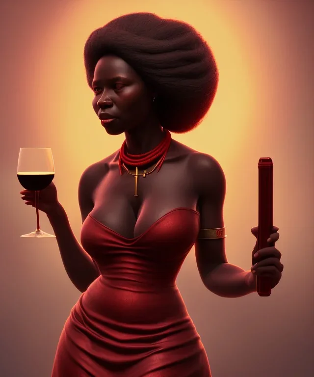 Negra Francisca, beautiful, curvy body, mature African slave, simple red fabric dress, beautiful long black hair, red headband, head and shoulders portrait, holding glass of wine, 8k resolution concept art portrait by Greg Rutkowski, Unreal Engine 5 volumetric lighting