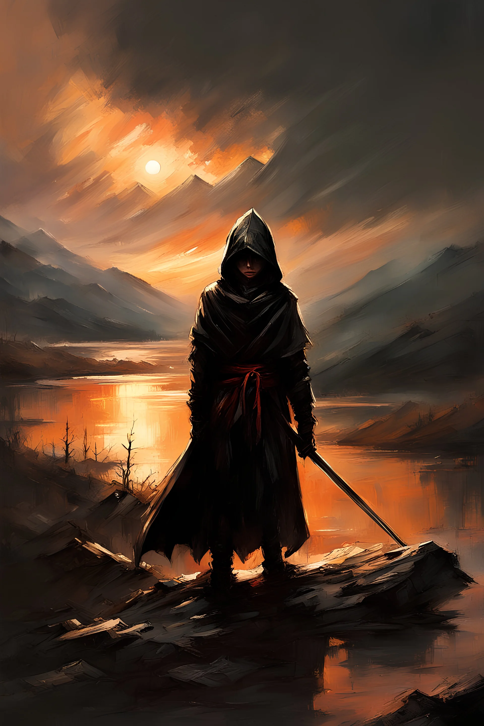 A formidable warrior-a 10-year-old boy in a black robe with a hood, on the background Amazing gloomy landscape, flooded with sunset, mountains, trees, fabulous scary hero, , juicy emotions, painting, dark fantasy, bad weather, gloomy day, dark world, by Raymond Swanland & Anna Razumovskaya