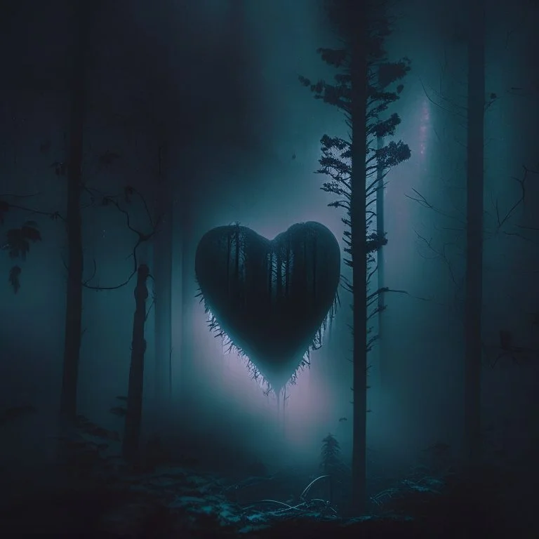 black fog in the forest at night with an electric heart