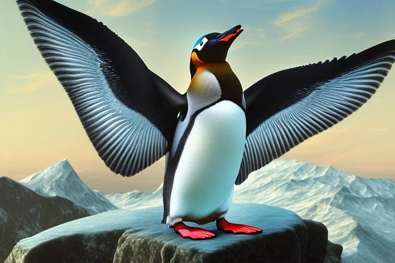 penguin flying in the sky with his two wings