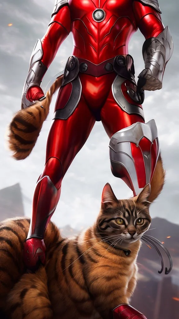 Iconic Cat-Man, red and silver, ultra-detailed armor, cat with eye mask, dynamic shot, richly saturated colors, full height, arms, legs, footwear, cinematic backlighting, hyper-realism, unparalleled detail, 8K, concept art, intricate textures , timeless masterpiece, enhanced AI, GAN, depth of field, neural network,