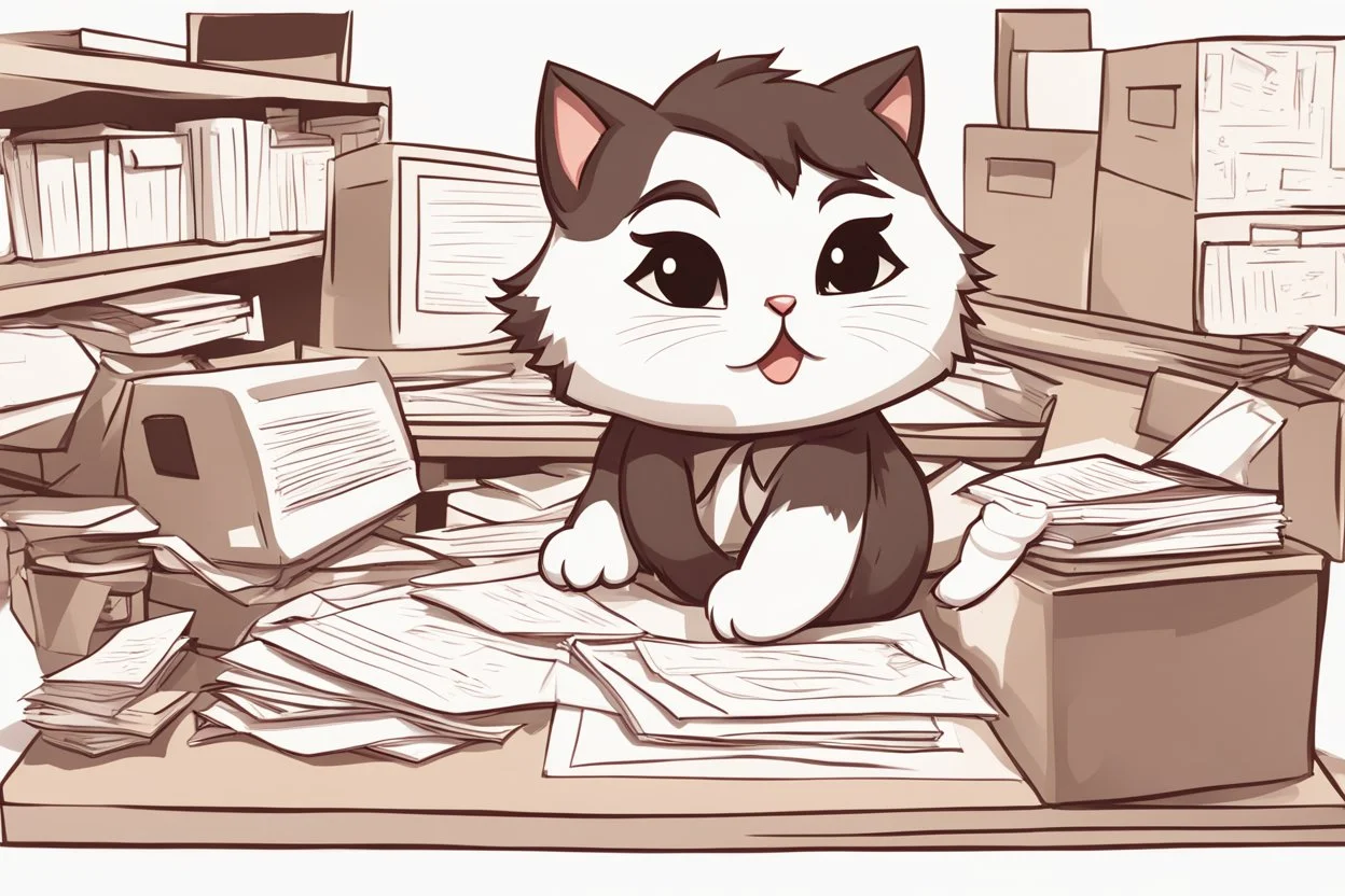 Cute fluffy chibi pixar brunette kitten working very hard at a desk, surrounded by lots of paper, computers and paper boxes, in the sunlight.