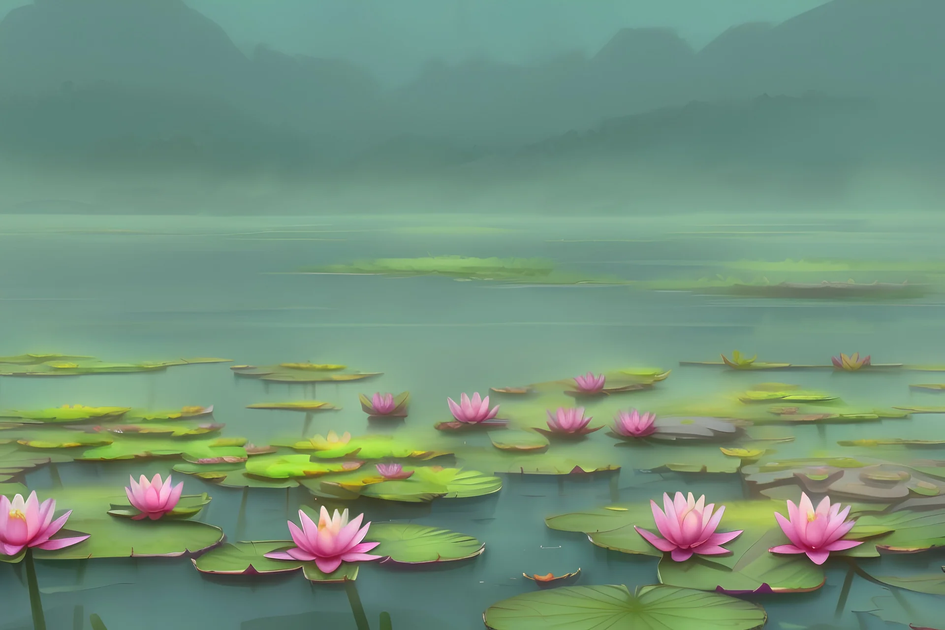 foggy lake at sun rise water lilies with sitting frogs on them background anime style high detale add more yellows\