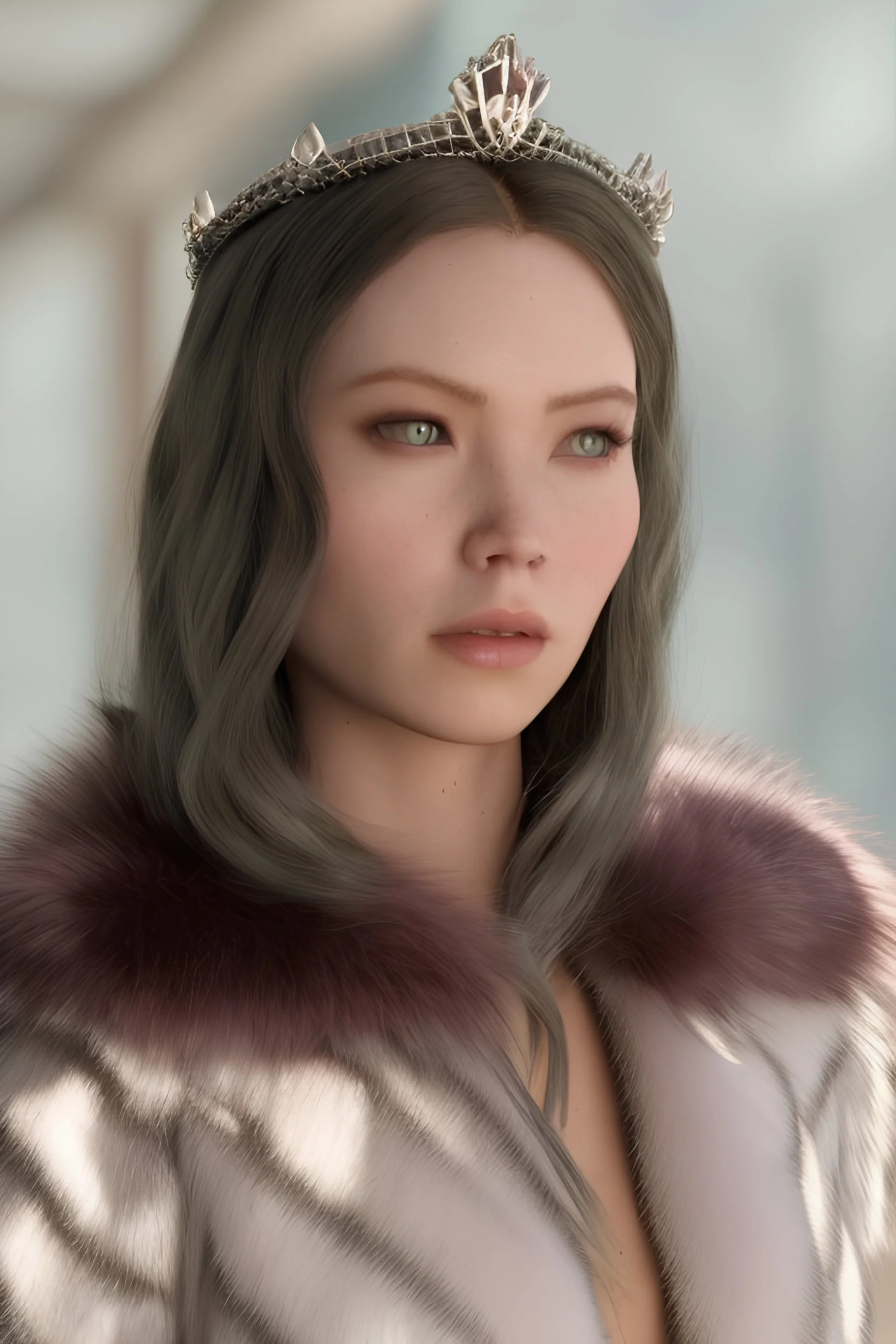 evil ice princess, with crown, wearing fur, in front of ice castle