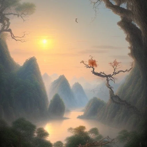 uma paisagem chinesa com rios e arvores, nascer do sol ao fundo, desenho a lapis, tons pastel, luz suave, passaros no ceu