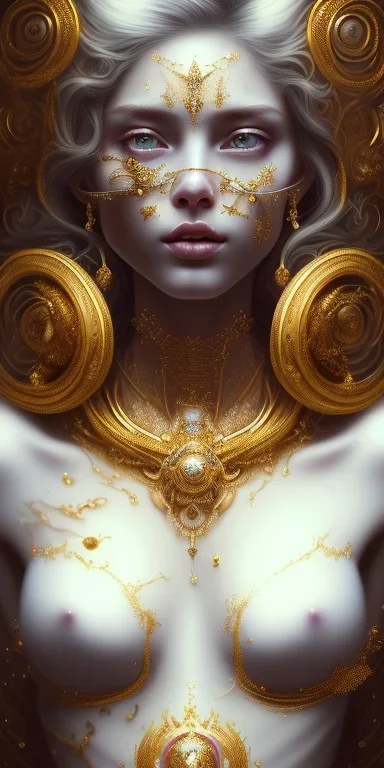 ultradetailed beautiful portrait painting of love Aphordite with short flowing brown hair and sharp piercing gaze of deep grey eyes, alluring beauty, smile lip, wearing jewels, roses, ultra ornate, gold leaf deatils, wearing white dress, by conrad roset, greg rutkowski and artgerm, trending on artstation