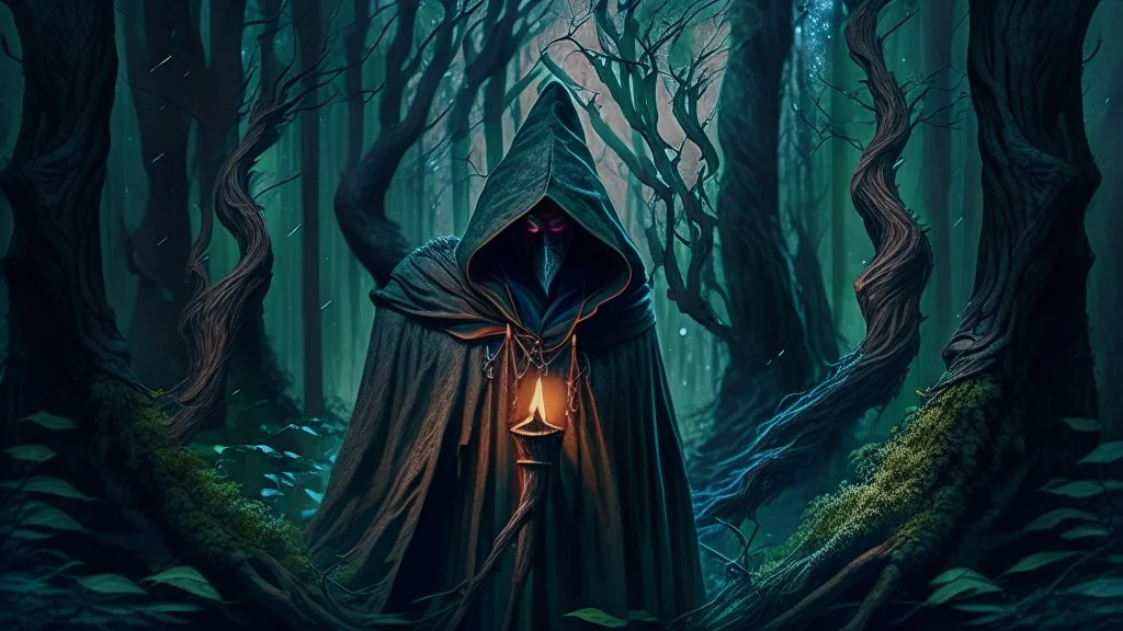 The hooded sorcerer in the forest