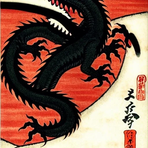 Dragon noir aux yeux rouges , hokusai