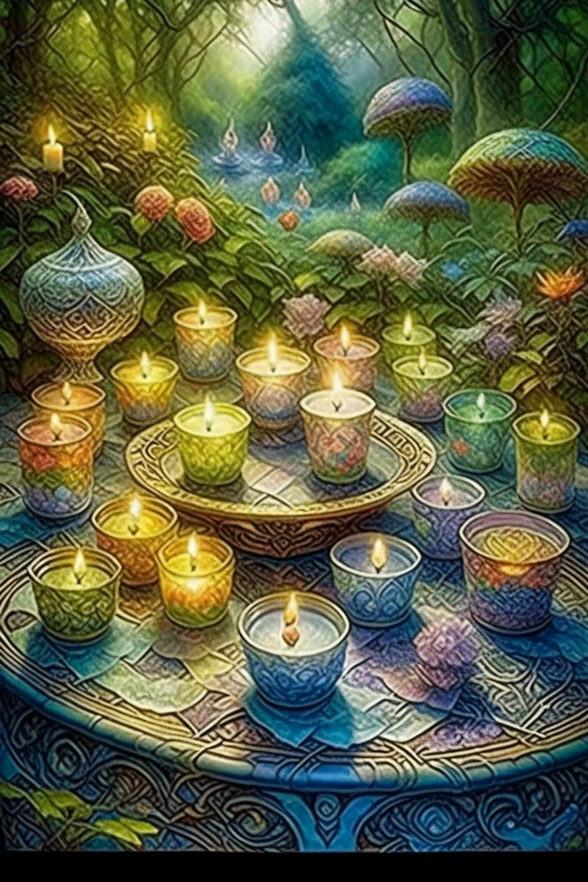 Tarot card candles on the tableornament of a fabulous landscape, ornament, forest, delicate, light, transparent spring, ornament, in the style of Josephine Wall, grunge, intracate, map, careful drawing, watercolor, dot graphics, natural colors, Grotesque, Micro detailing, Art botanical