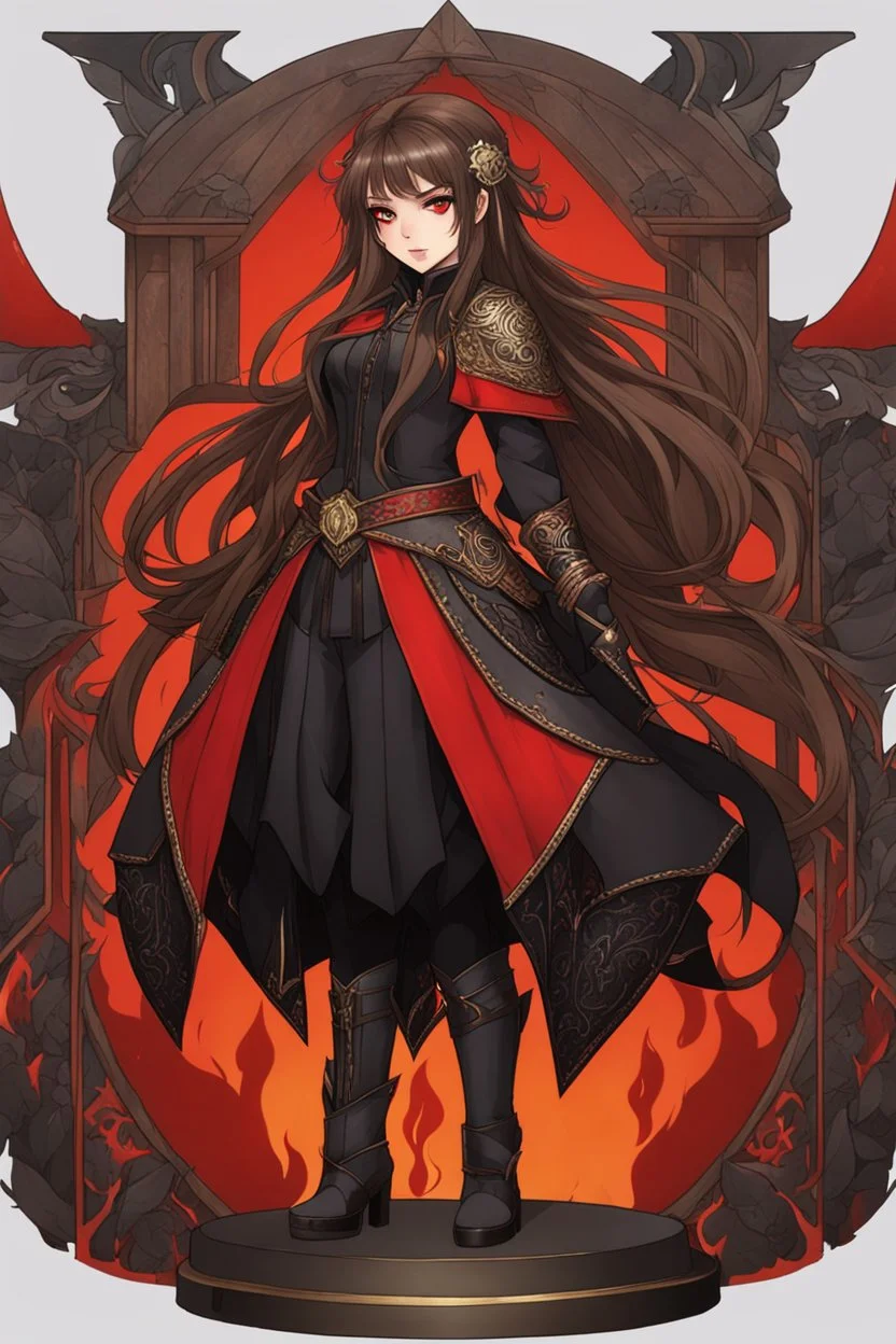 A young woman with pale skin and long brown hair in a fantasy setting with intricate details. Her attire is sleek black and red. She is smirking, has intense red eyes, intimidating presence, exudes an aura of malevolence. High definition. Fire in the background.