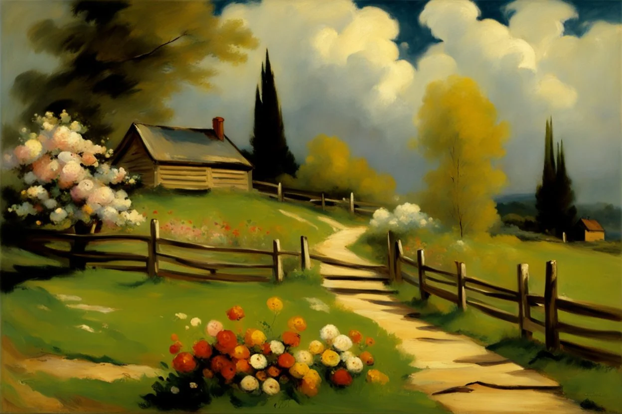 Clouds, cabin, spring trees, little pathway, fence, flowers, edouard manet impressionisn painting