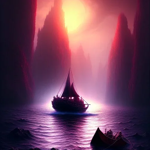 Charon in his boat on the river Styx, red black purple colours, 8k, high definition, fantasy art, winding river, sharp jagged rocks, high contrast colours, sharp colours