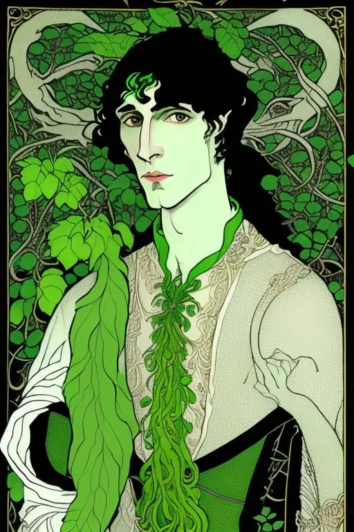 young half-Elf nobleman with green thumbs and 2 vine-like tentacles with black hair and green eyes and green thumbs with claws in the style of Aubrey Beardsley