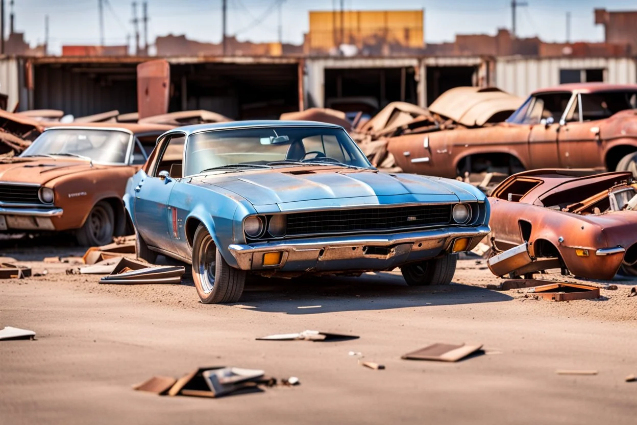 Fotorealistisch endloser menschenleerer Schrottplatz mit aufeinander gestapelten verrosteten Autowracks zahlloser Chevrolet Camaro zwischen 1967 und 1981 im warmen Sommerlicht