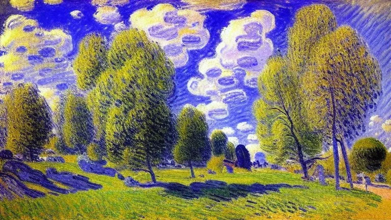 Big rocks, trees, clouds, alfred sisley impressionism painting