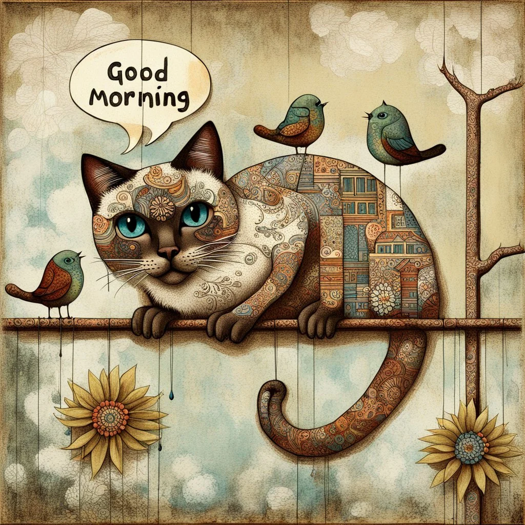 Siamese cat with blue eyes, adorned with intricate patterns and stylized buildings paints, hangs precariously from a floral-patterned board, against a mottled gray-green background. It looks directly at the viewer while a speech bubble above its head states "Good Morning". Three stylized birds in various colors and patterns stand on the branch and board above and below the cat, whimsical, expressionist painting, diswashed, Aging effects, Ogata Kōrin style.