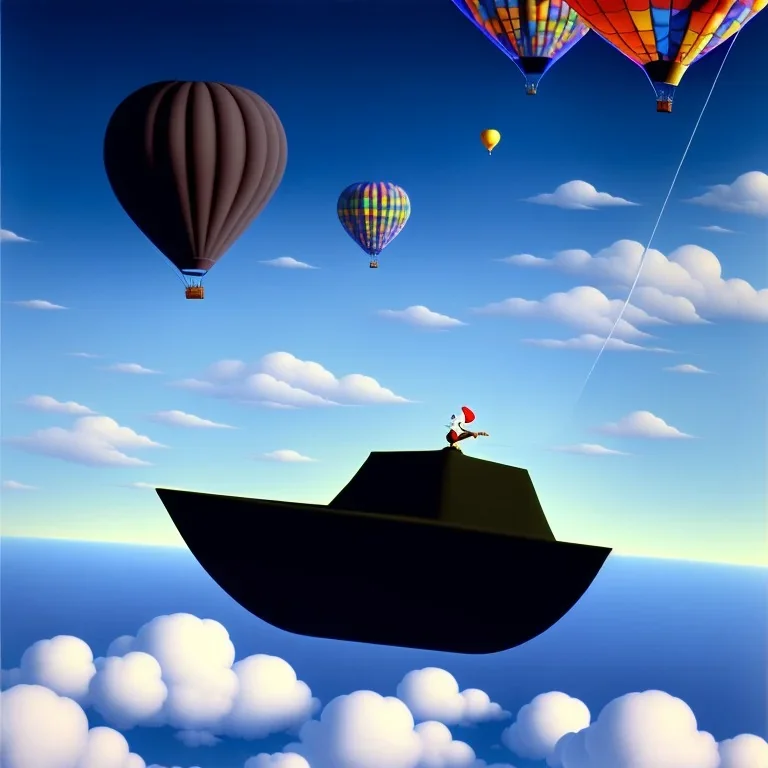 The Mouse and the Grim Reaper on balloon world, discussing the future of the universe, art by Magritte and Pixar