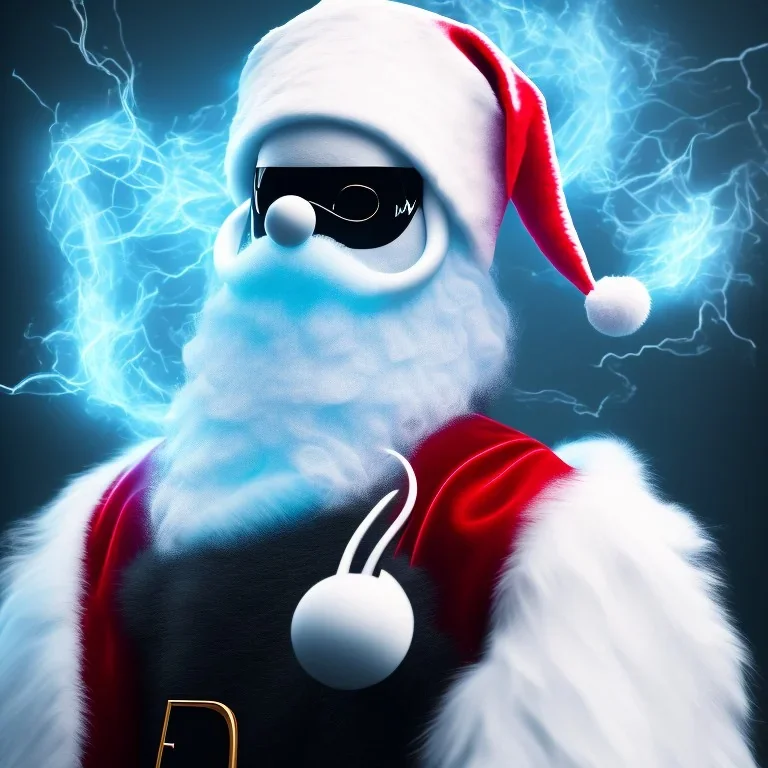 All Black Santa, ghost, wearing high tech mask, white smoke, dark, rage, high definition, ultra 8 k, volumetric lighting, blue fire, fog red rain