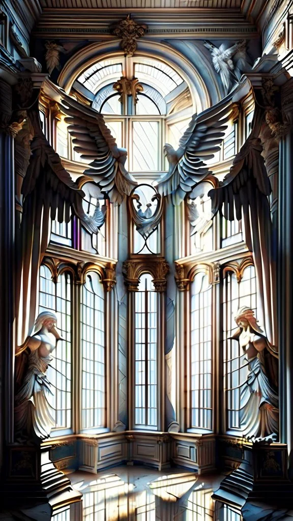 A beautiful image of the windows of the luxurious palace hall with two winged angel statues