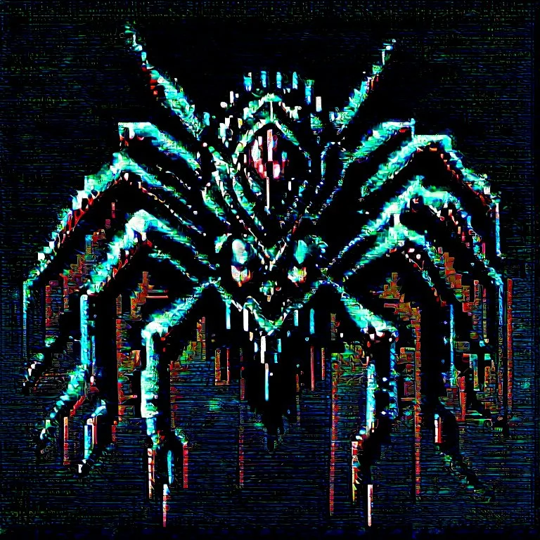 Digital, high quality pixel art illustration of Venomous spider with sharp fangs, radiating eerie aura in airbrush fade, 80s airbrush artwork style, bright caolored retro ... pixel art 16bit retro style .., gothic spider art, creature feature