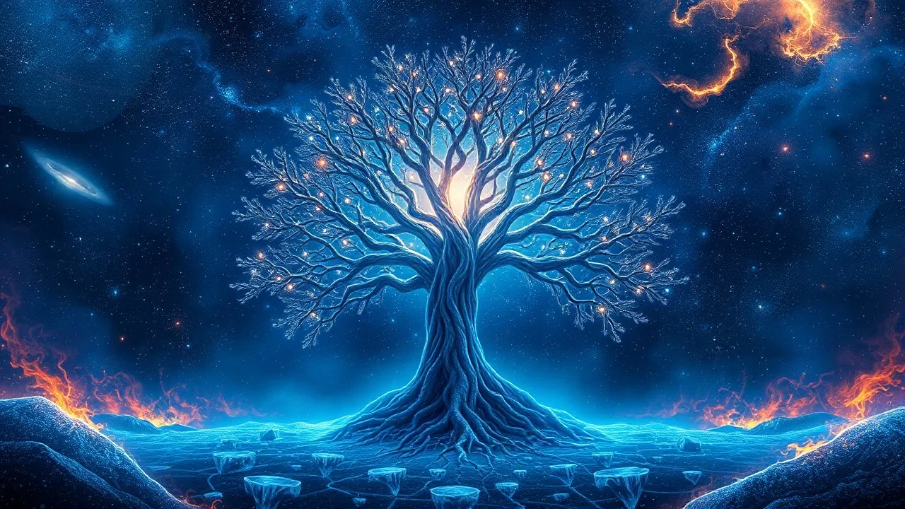 Tree of life in the center with luminous branches in a space of blue, light, water, ice, fire and galaxy in a psychedelic space