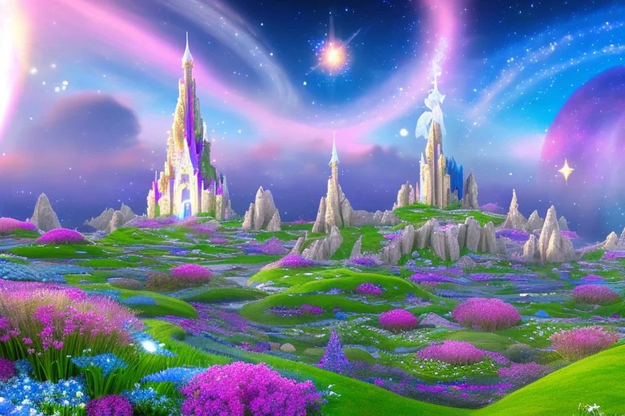 fairy and cosmic landscape with blue grass, magic plants, sky with light and stars. fairy white little castle with diamond. a big with bright spaceship with light