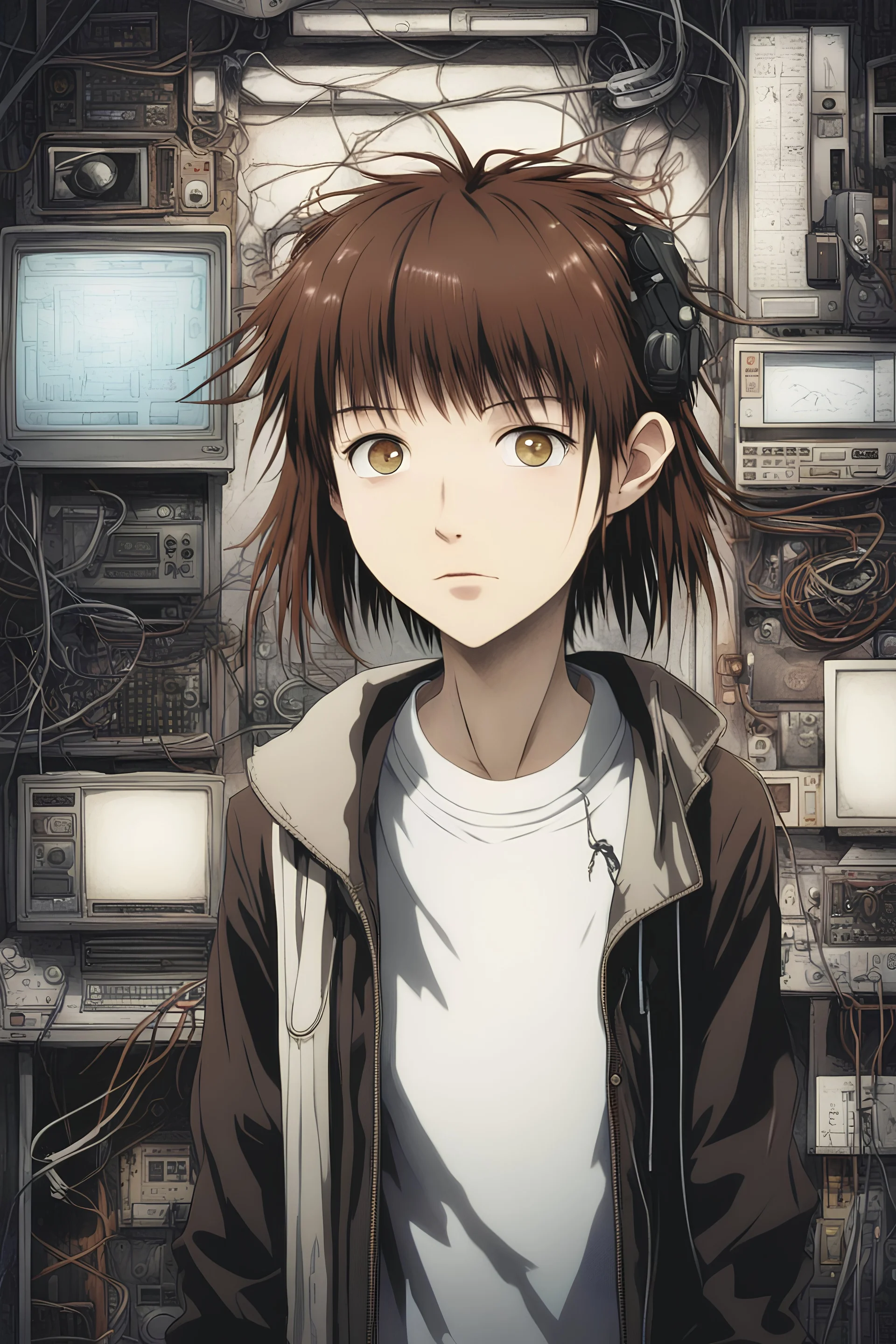 illustration of lain iwakura from the anime serial experiments lain, x-shaped hair accessory on right sidelock, brown hair, brown eyes, black jacket, unzipped, white t-shirt, background full of decrepit technology, wires, screens, computers, old, sketchy