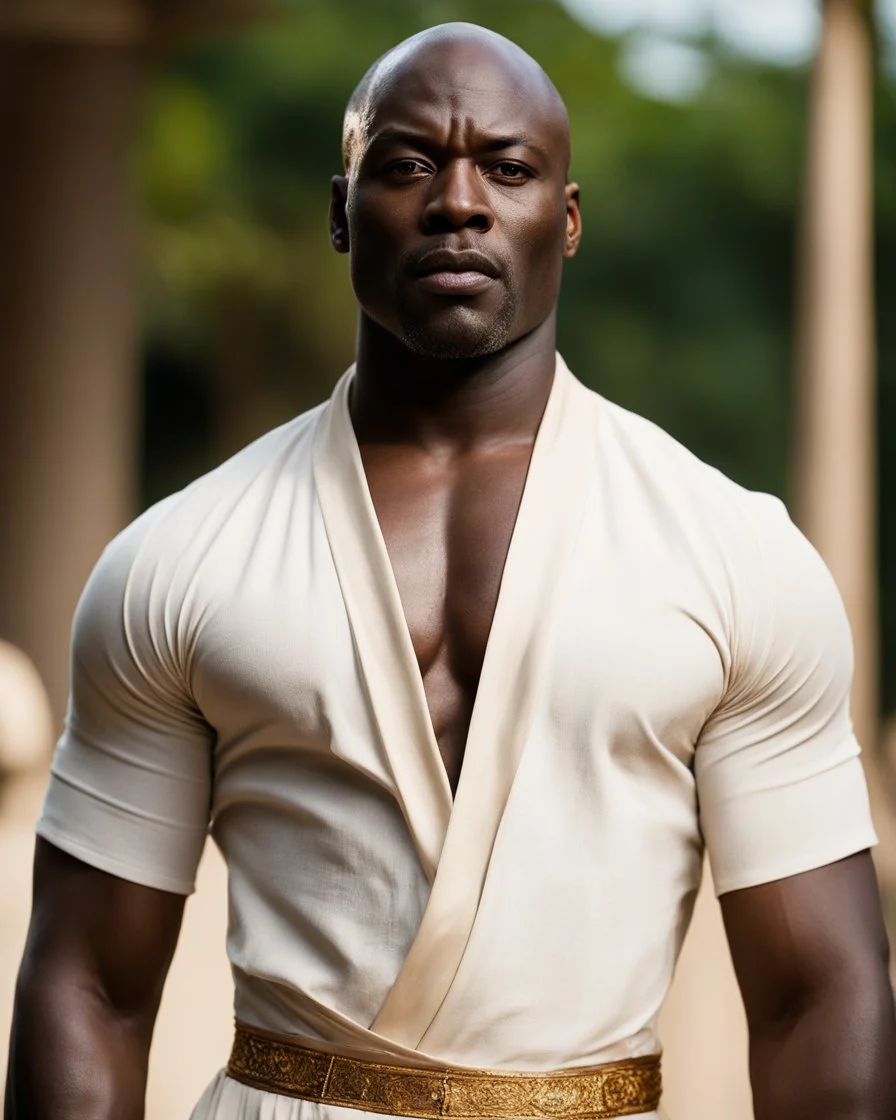 Adewale Akinnuoye-Agbaje x morris chesnut as a handsome dark skinned and muscular heavy set man with a bald head and neatly trimmed beard. Shirtless and wearing pale linen trousers. he has a gold earing in his left ear. he has a dominant expression on his face