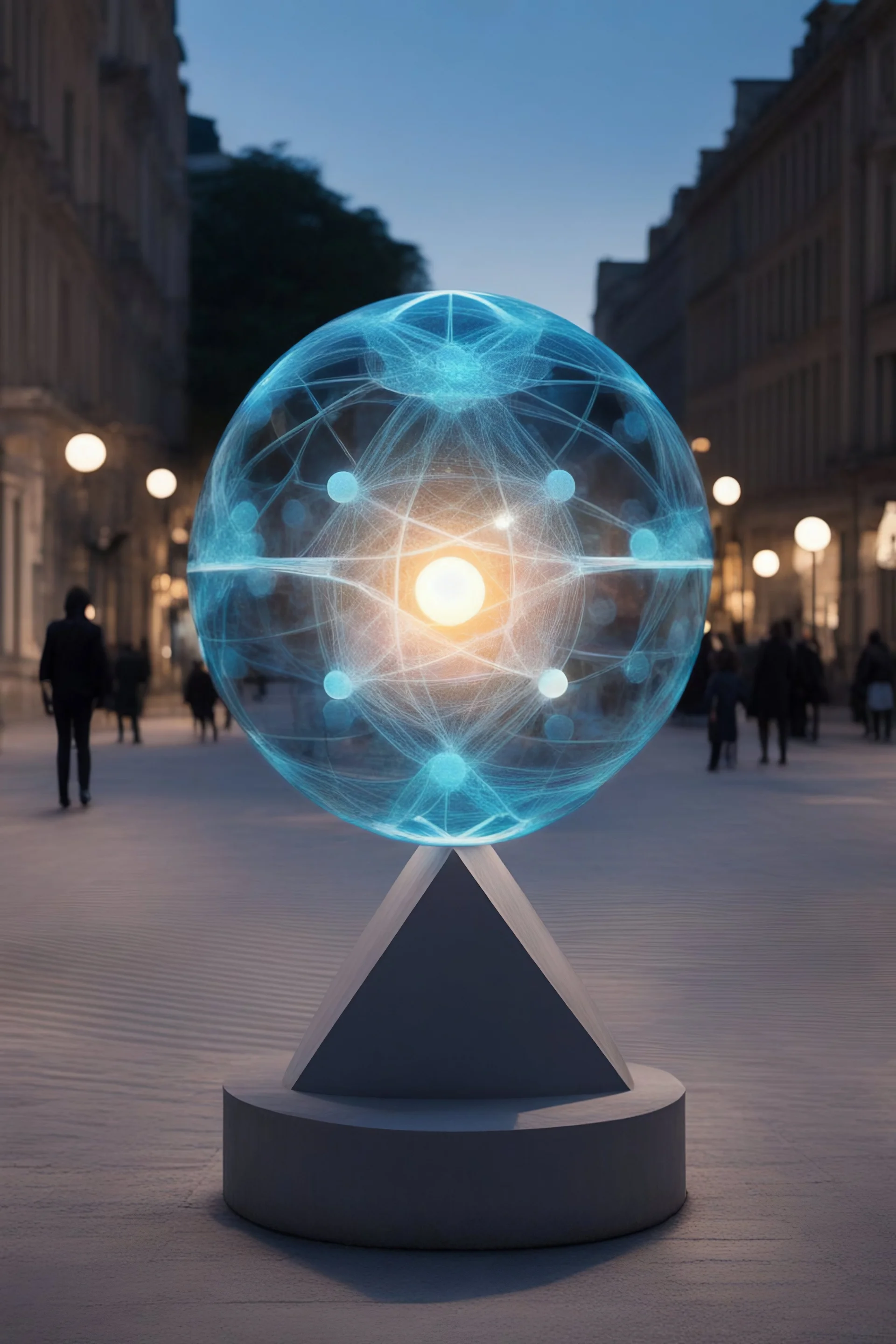 статуя на улице, Шар как атом/молекула: Сделать поверхность шара похожей на модель атома или молекулы, используя геометрические формы, светящиеся элементы или проекцию. . Для этого можно использовать различные геометрические формы, такие как круги, треугольники, шестиугольники и т. д., чтобы создать абстрактное изображение структуры атома или молекулы. Кроме того, возможно использование светящихся элементов, чтобы придать статуе особую магическую атмосферу и привлечь внимание прохожих ночью.