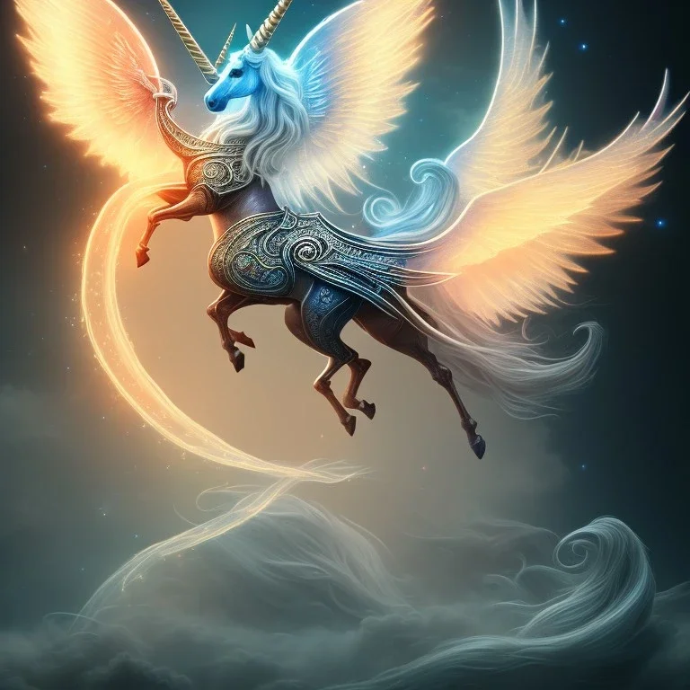 unicorn with glowing wings, glowing soft and smooth wings, shadow, abstract surreal fantasy art, highly detailed, intricate patterns on wings, soft studio lighting, smooth dark blue background 64k