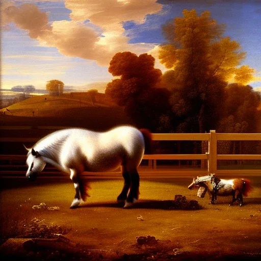 shetland pony, fence, field, oil painting, by Nicolas Poussin