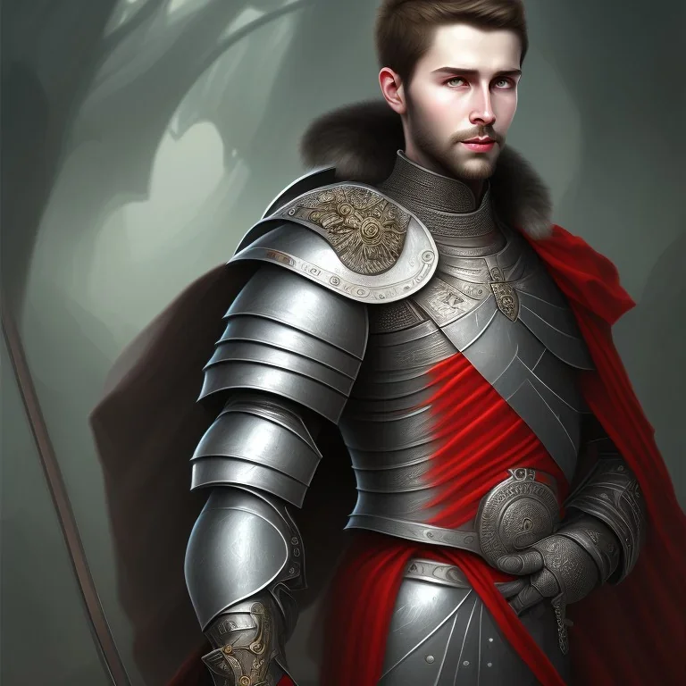 Portrait of a stoic prince in armor without beard. Has grey eyes, dark hair.