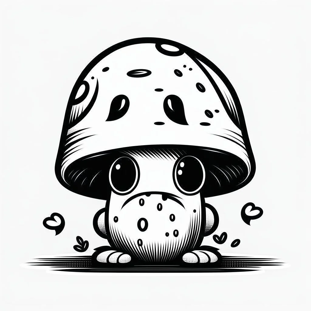 mushroom, black and white, cartoon, drawing, cute, creature, simple, mouth